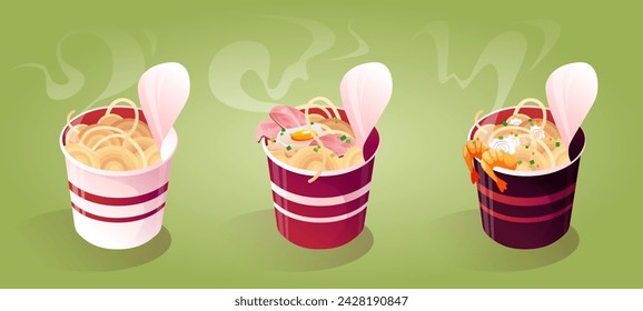 Instant noodle cups isolated on background. Vector cartoon illustration of traditional asian fast food bowls with fresh cooked ramen, fried egg and meat, spicy shrimps, restaurant menu design elements