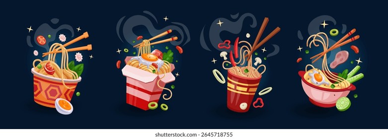 Instant noodle icon. Chinese ramen, Korean soup, cute cartoon bowl isolated on black background. Spicy delicious chicken. Japanese food design. Asian lunch plate. Vector traditional tidy cooking set
