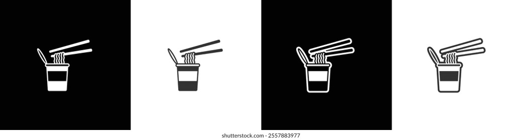 Instant noodle vector graphic. Noodle and chopsticks icon in simple vector shape. Collection of flat and linear style noodle symbols on black, white and transparent backgrounds.