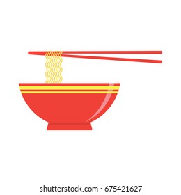 Instant noodles in the bowl with chopstick ready to eat. Vector illustration.