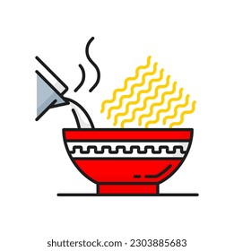 Fideos instantáneos en el bol vertidos por agua caliente, comida rápida picar aislado icono de línea. Cocina vectorial china, comida asiática, sopa de ramen para llevar