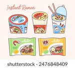 Instant noodles in colorful packaging. Vector illustration of ramen cups and packages. Chicken, beef, seafood and vegetable flavors. Asian food products in cute flat style.