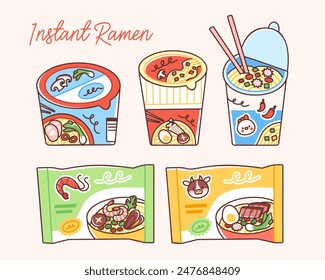 Instant noodles in colorful packaging. Vector illustration of ramen cups and packages. Chicken, beef, seafood and vegetable flavors. Asian food products in cute flat style.