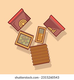 
instant noodles and condiments. Vector illustration.