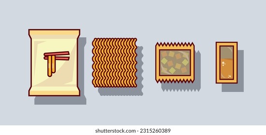 instant noodles and condiments. Vector illustrations.