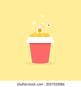 taza de fideos instantáneos y vector de dibujos animados de huevo hervido.