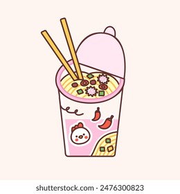 Instant noodles cup with chopsticks. Vector illustration of chicken flavor ramen ready to eat. Hot Asian snack in cute flat style.