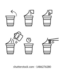 Instant noodles cup icons set. Stroke outline style. Vector. Isolate on white background.