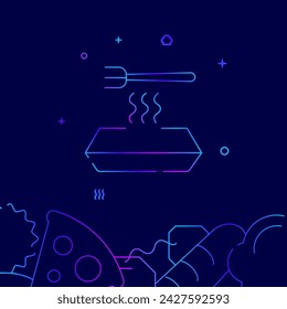 Instant noodles gradient line vector icon, simple illustration on a dark blue background, fast food related bottom border.