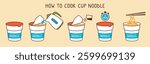 Instant noodles instruction. Cup noodles preparation guide steps from adding boiling water and spices, waiting time to ready hot meal. How to cook dried ramen, cooking manual vector illustration.