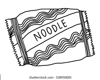 instant noodles pack / cartoon vector and illustration, black and white, hand drawn, sketch style, isolated on white background.