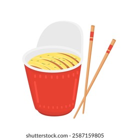 Instant Noodles in Red Cup with Open Lid and Chopsticks, Perfect for Food Packaging, Restaurant Menus, Culinary Branding, and Fast Food Illustrations