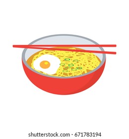 instant noodles soup and a boiled egg in a red bowl with chopstick. vector illustration