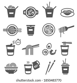 Instant noodles, utensils for eating, cooking bold black silhouette and line icons set isolated on white. Spaghetti, fastfood pictograms collection. Seafood vector elements for infographic, web.