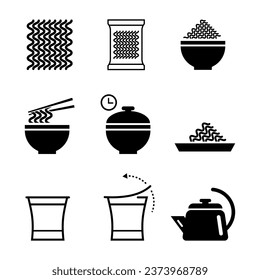 Iconos vectoriales de fideos instantáneos establecidos. Señales de preparación paso a paso para el paquete de fideos.