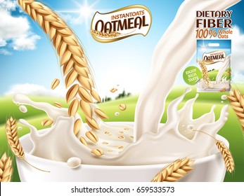 instant oatmeal ad, with milk and oat close up, open field background, 3d illustration