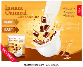 Instant oatmeal with chocolate advert concept. Milk flowing into a bowl with grain and chocolate. Vector.