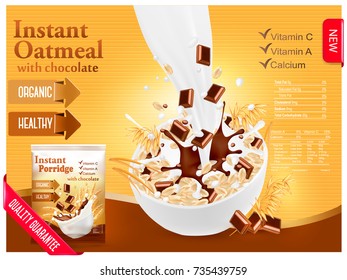 Instant oatmeal with chocolate advert concept. Milk flowing into a bowl with grain and chocolate. Vector.