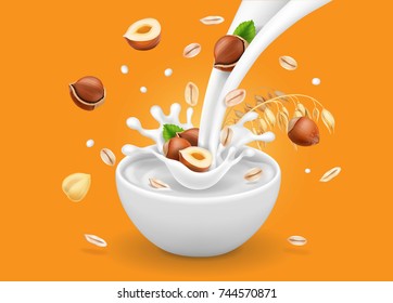 Instant oatmeal with hazelnuts. Milk flowing into a bowl with grain and nuts ad. Vector.