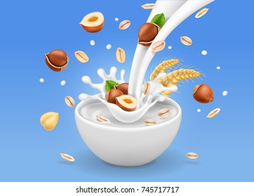 Instant oatmeal with hazelnuts. Milk splash in a bowl with oat grain and nuts advertising. Realistic vector