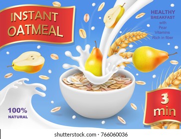 Instant oatmeal with pear ad Milk flowing into a bowl with grain and pear Vector