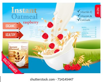 Instant oatmeal with strawberry advert concept. Milk flowing into a bowl with grain and berries. Vector.
