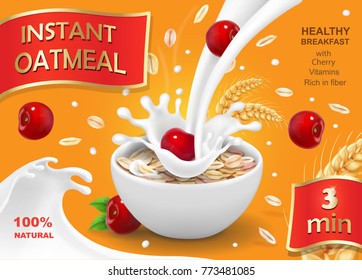 Instant Oatmeals With Cherry. Oat Flakes Advertising With Milk Splash And Berry.