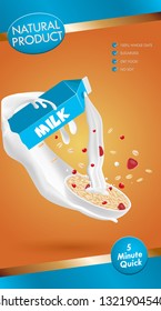 Instant oatmeals with cherry and strawberry. Oat flakes advertising with milk splash and berry. Vector illustration.