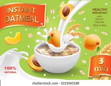 Instant oatmeals Oat flakes with apricot advertising design. Milk flow and yogurt bowl