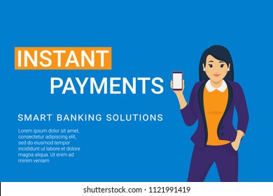 Instant payments mobile app for banking and online payments. Concept flat vector illustration of young business woman holds smartphone with blank screen for e-wallet finance app and sending money