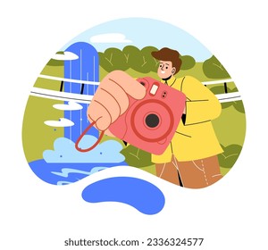 Instant photo camera concept. Man with camera stands in nature. Professional or amateur photographer with picutres. Active lifestyle and recreation, memories. Cartoon flat vector illustration