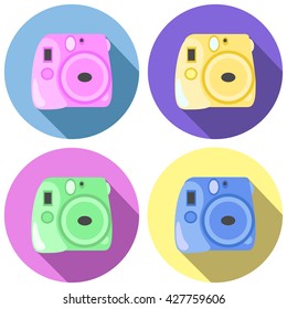 Instant photo camera old school design vector seamless pattern swatch or illustration, hipster gadget analog photo camera picture, analog photo camera in kawaii design, logo or icon or print