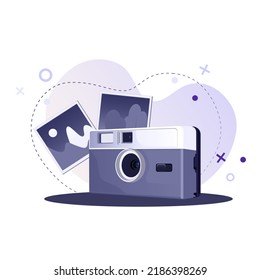 Instant photo camera with photos in flat style on abstract background. Vintage Photo camera with pictures. Can be used for web banner, website, social media, app, flyer and stickers