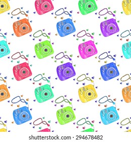 Instant photo camera. Seamless pattern with cameras. Hand-drawn background. Vector illustration. Real watercolor drawing.