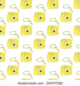 Instant photo camera. Seamless pattern with cameras. Hand-drawn background. Vector illustration. Real watercolor drawing.