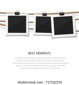 Instant Photo Collection. Enjoy Every Moment. Vector Photo Hanged On Rope. 