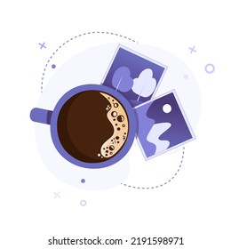 Instant photo with cup of coffee in flat style on abstract background. Vintage instant pictures and americano mug. For banner, website, social media, app, flyer and stickers