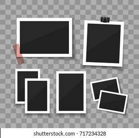  Instant photo frame collection. Vector photo sticked with paper tape and hanged with paper clip.