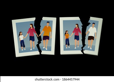 Instant Photo Frame With Depicting A Family. Broken Family, Dad Mom And Daughter. Family Holding Hands, Painful Separation. Photo Imitation, Isolated On Black Background.