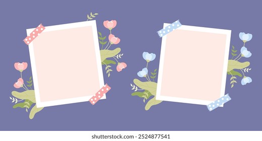 Instant photo frame set. Photography with empty space with soft pink and blue flowers and leaves. Vector illustration. Isolated template in flat style for holiday design