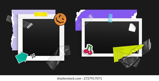 Instant photo frames set isolated on black. Vector realistic illustration of y2k collage with pictures, retro stickers, torn paper notes attached with wrinkled sticky tape, vintage scrapbook elements