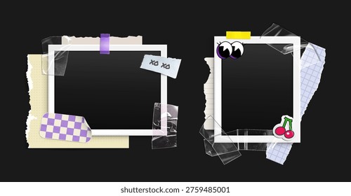 Marcos de fotos instantáneos aislados en negro. Vector ilustración realista de Y2K collage con imágenes, pegatinas retro, notas de papel rasgadas unidas con cinta adhesiva arrugada, Elementos de scrapbook vintage