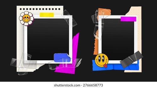 Instant photo frames set isolated on black. Vector realistic illustration of y2k collage with pictures, retro stickers, torn paper notes attached with wrinkled sticky tape, vintage scrapbook elements