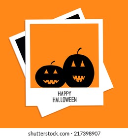 Instant photo with two pumpkins. Happy Halloween card. Flat design. Vector illustration