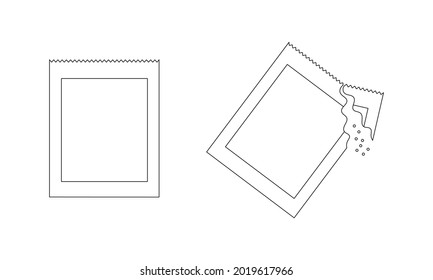 Bolsas de polvo instantáneo enteras y rotas. Paquetes con medicina soluble, café, azúcar o sal. Iconos de contorno. Trazo editable. Ilustración lineal vectorial. 