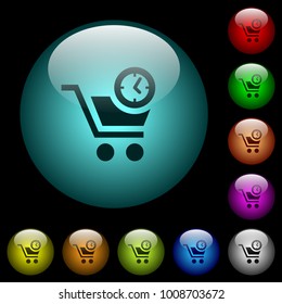 Instant purchase icons in color illuminated spherical glass buttons on black background. Can be used to black or dark templates