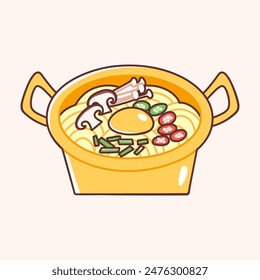 Instant Ramen in einem goldenen Topf mit einem Ei, Pilzen, Chili und Schuppen. Vektorillustration eines schnellen und schmackhaften asiatischen Nudelgerichte. Trendy Flat Style.