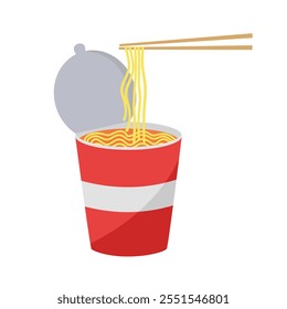 Instant ramen noodle cup with chopsticks in flat design on white background.