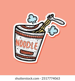 Instant ramen noodles cup vector illustration design sticker style, cute noodle cup, hand drawn style, isolated on peach background.