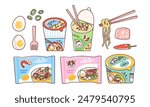 Instant ramen set. Vector illustration of Asian noodles packaging with eggs, green onion, spam and chili pepper that one can add to the dish. Instant noodles packages and cups in cute flat style.